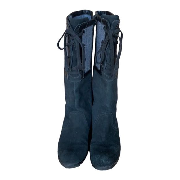 Clarks | Black Suede & Gray Wool Merrian Noble Lace Up Side Zio Riding Boot 7.5 - Picture 3 of 9